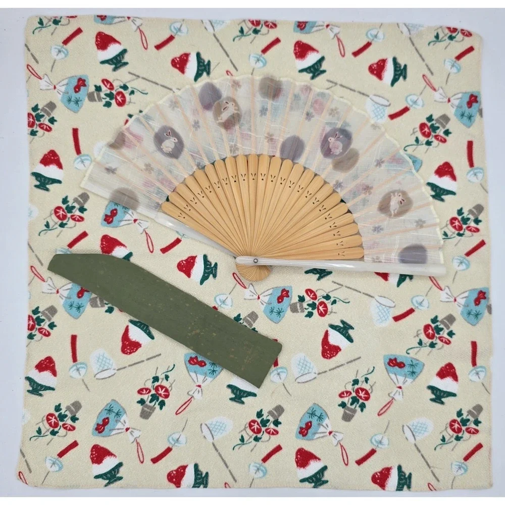 VTG Summer Themed White Bunny and Floral Folding Fan + Sheen Summer Theme Fabric